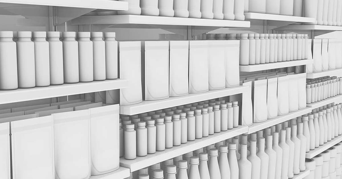 Monochrome image of store shelves stocked with various containers, including bottles, jars, and boxes. The shelves are uniformly arranged, and all packaging appears in shades of grey, giving a minimalist and organized appearance.