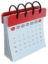 Illustration of a standing desk calendar with pages showing a month. The days of the week are labeled at the top, and the month layout starts with Sunday. The calendar has a red top and black spiral binding.