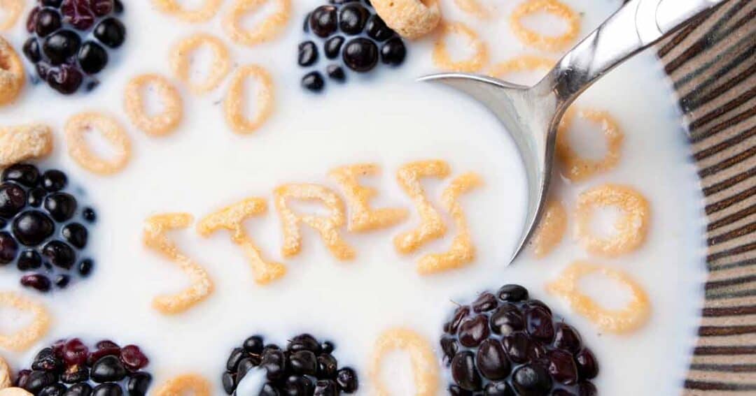 A bowl of cereal in milk spells out the word "stress" using letter-shaped pieces, surrounded by circular cereal bits and blackberries, highlighting food allergy concerns. A spoon is resting inside the bowl.