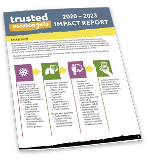 A report cover titled "trusted messengers 2020–2023 Impact Report" featuring a summary background and a horizontal infographic with five steps representing community engagement and impact on asthma awareness.